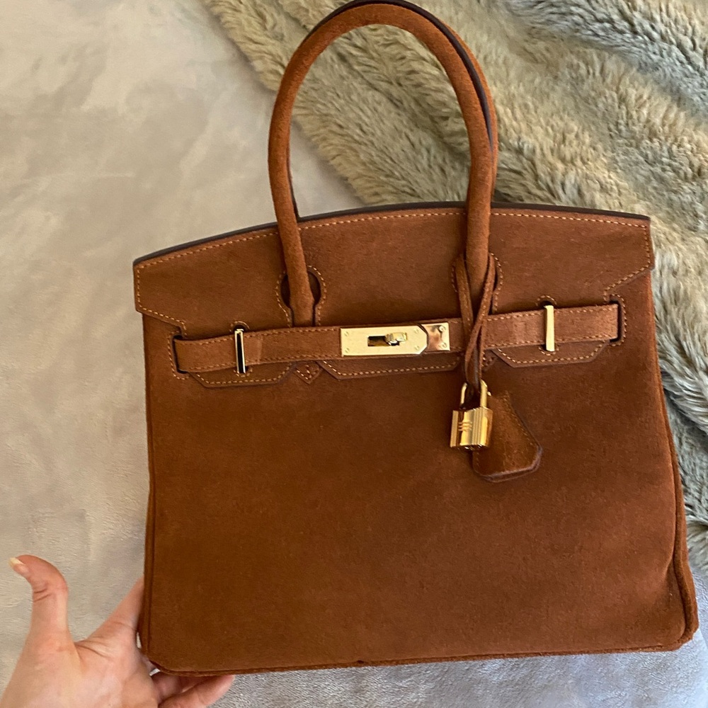 NEW Genuine suede leather brown top handle handbag 30cm bk 30